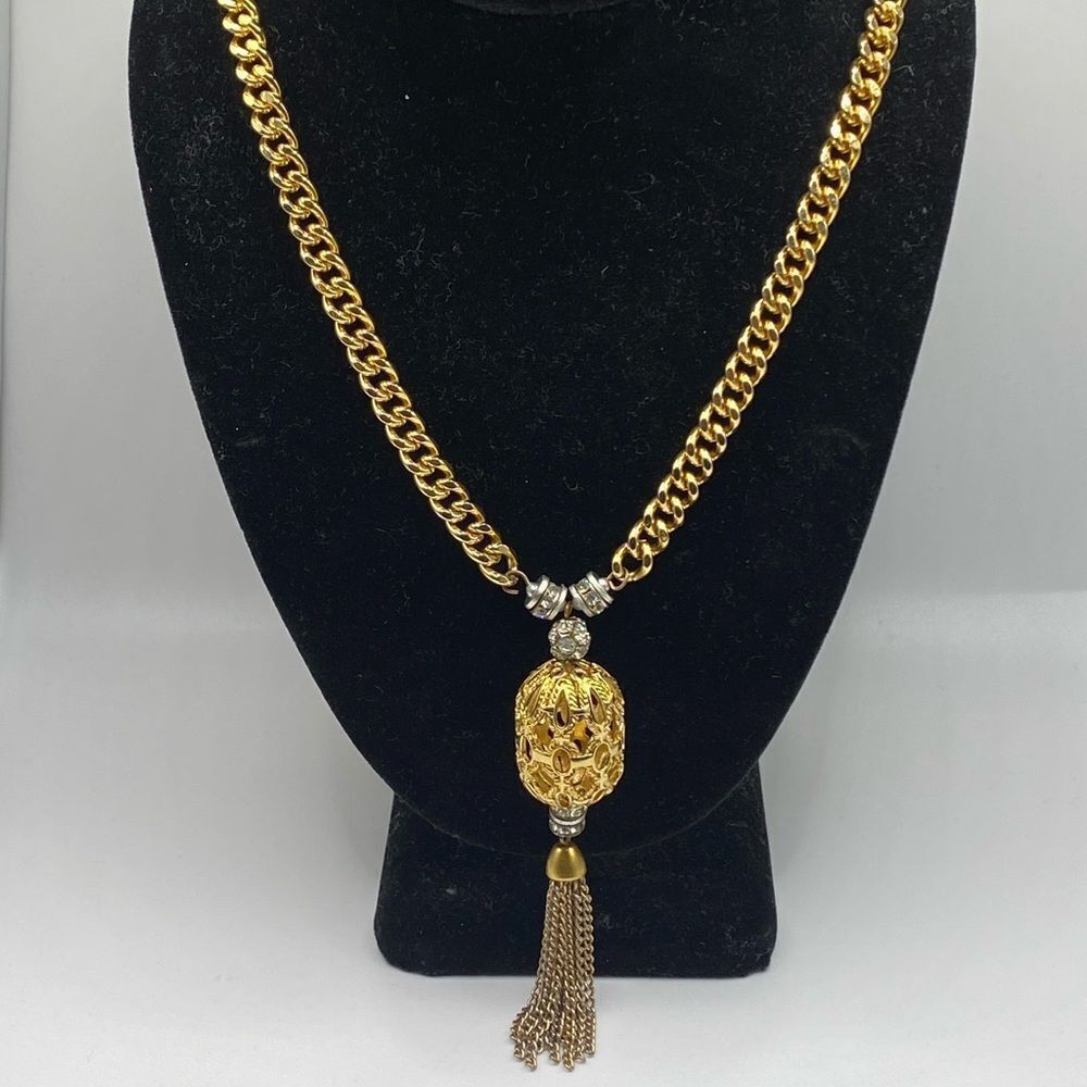 Vintage Gold Tone Tassel Style Pendant Rhinestone Accent Statement Necklace
